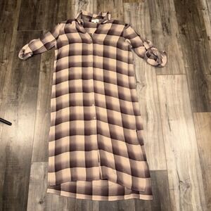 Cloth & Stone Plaid Shirt Dress Womens Large Brown Beige Button Up